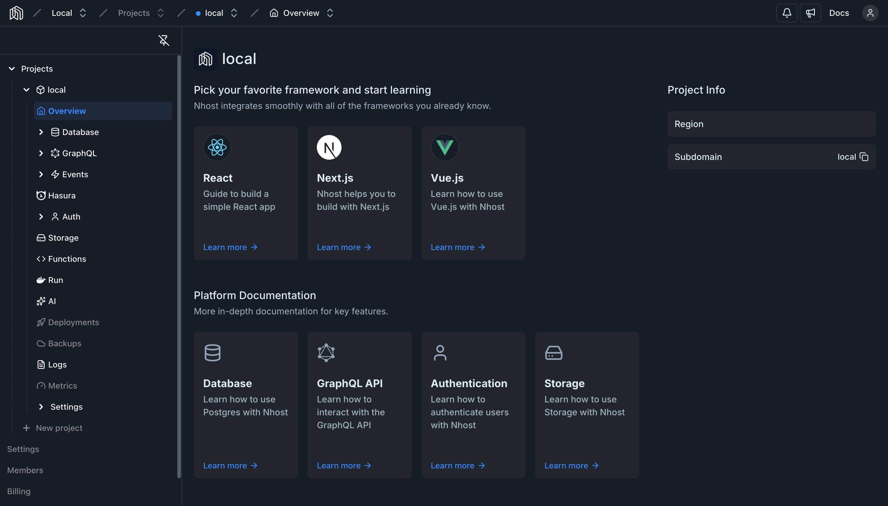 Nhost local dashboard