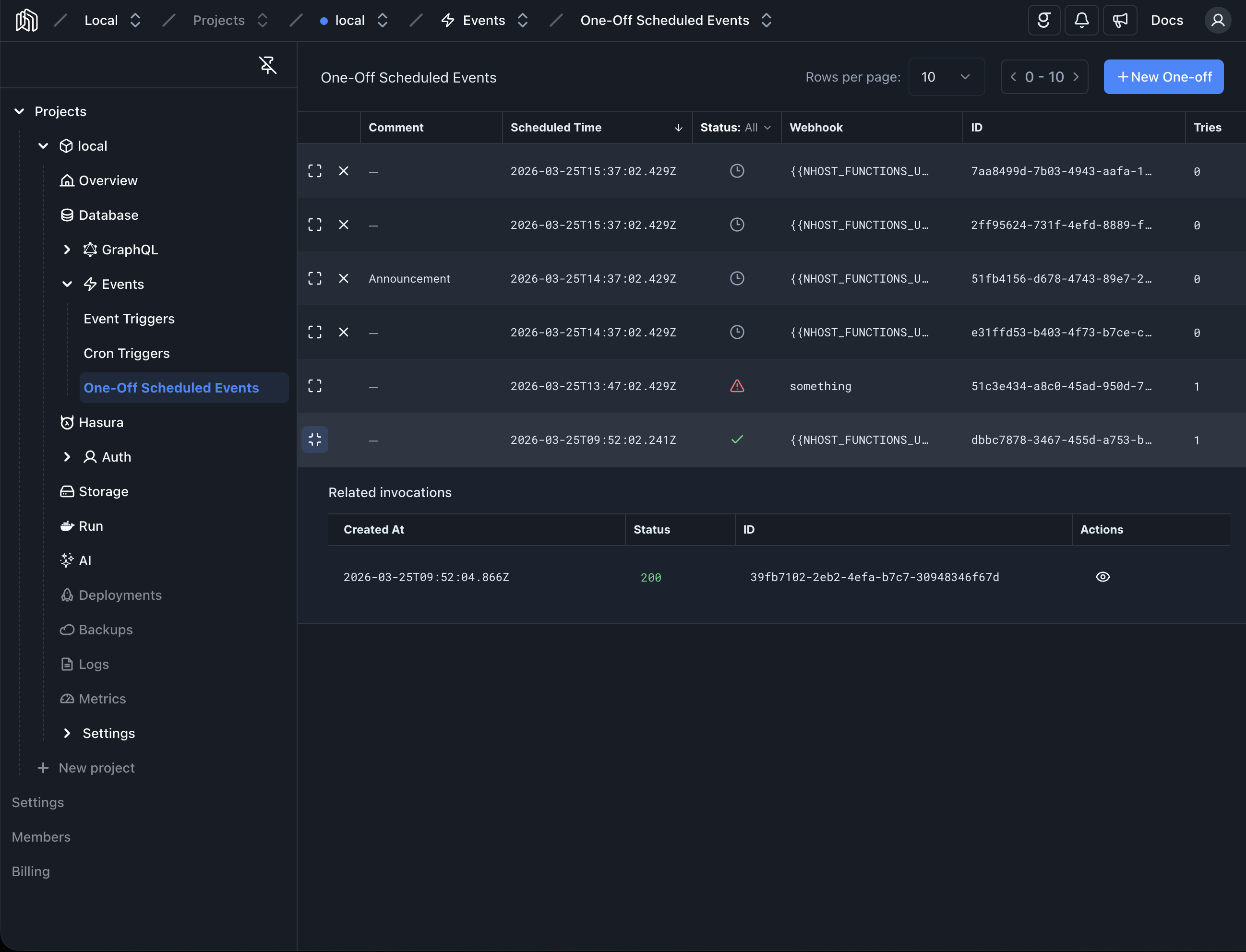 One-Off Scheduled Events List