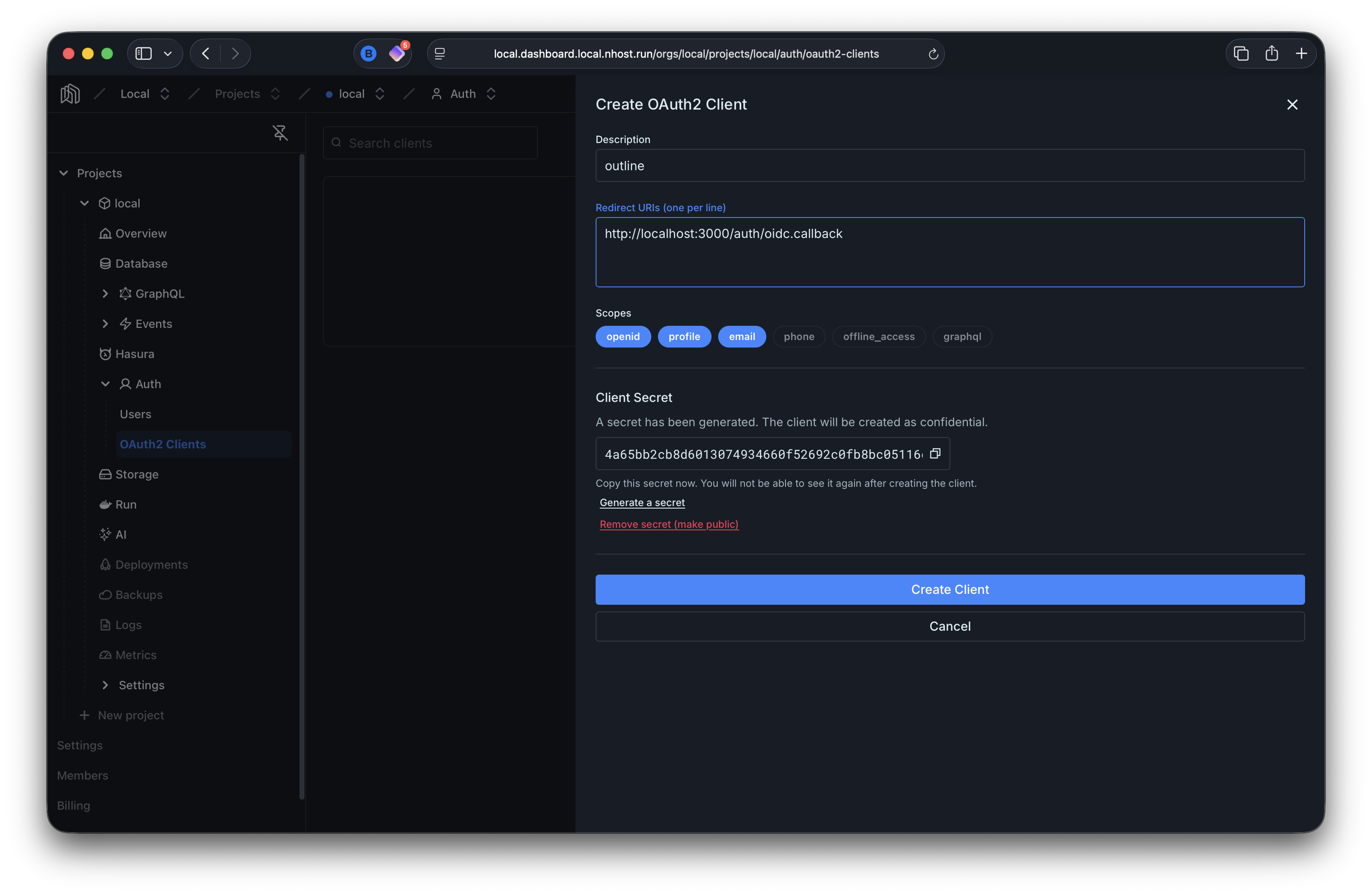Create OAuth2 client from the dashboard
