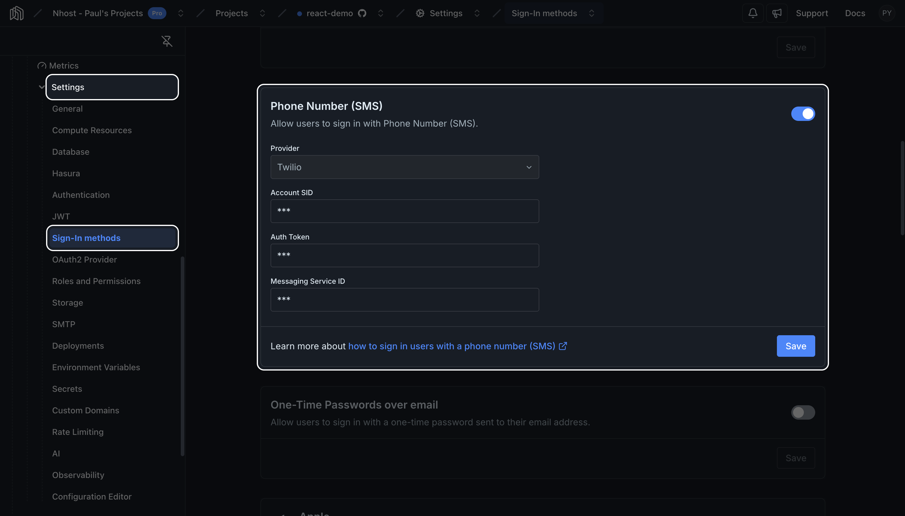 Nhost local dashboard