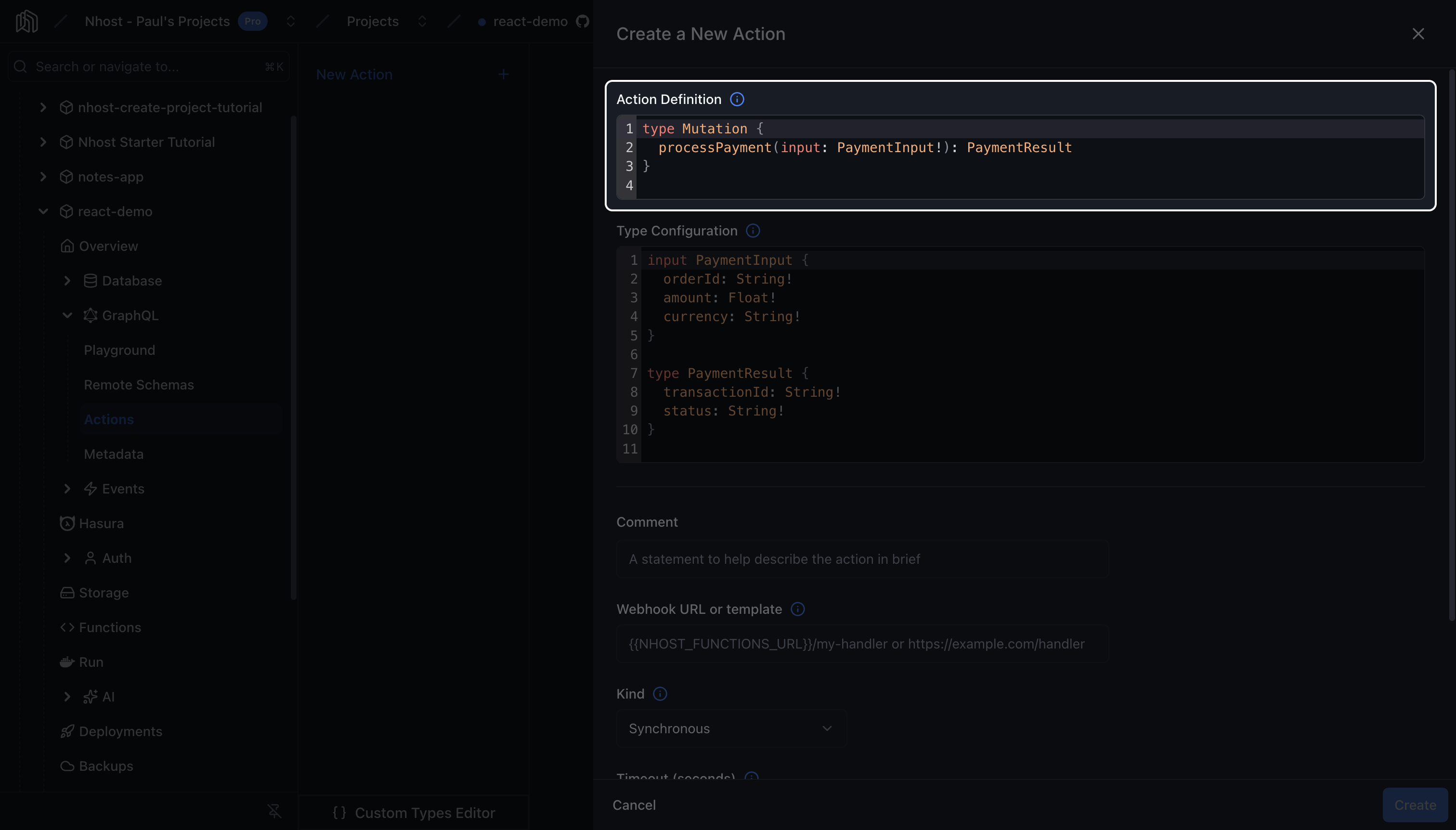 Action Definition editor
