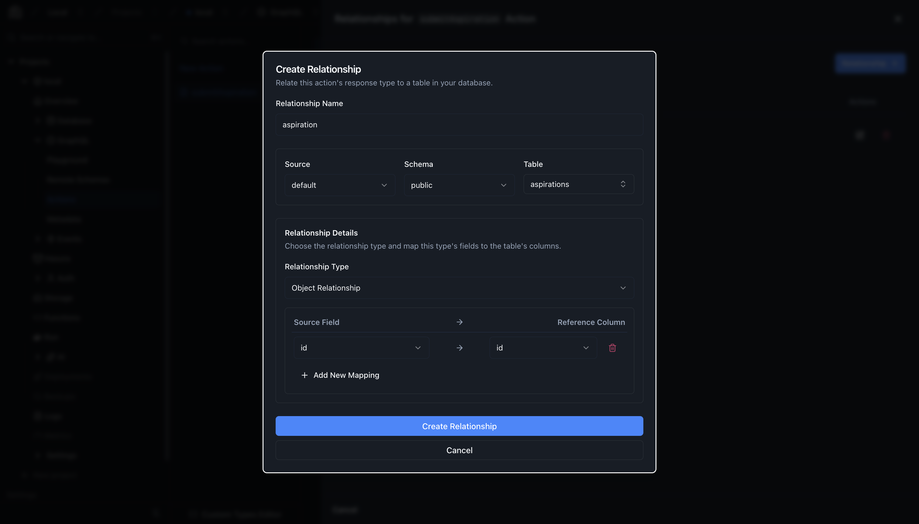 Create Relationship dialog with the reference table and field mapping