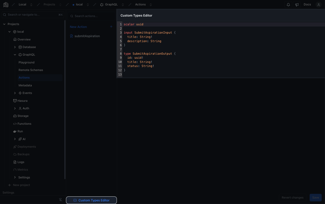 Custom Types Editor with the SDL for an Action’s types