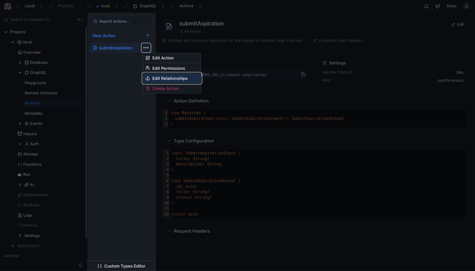 Action menu with Edit Relationships