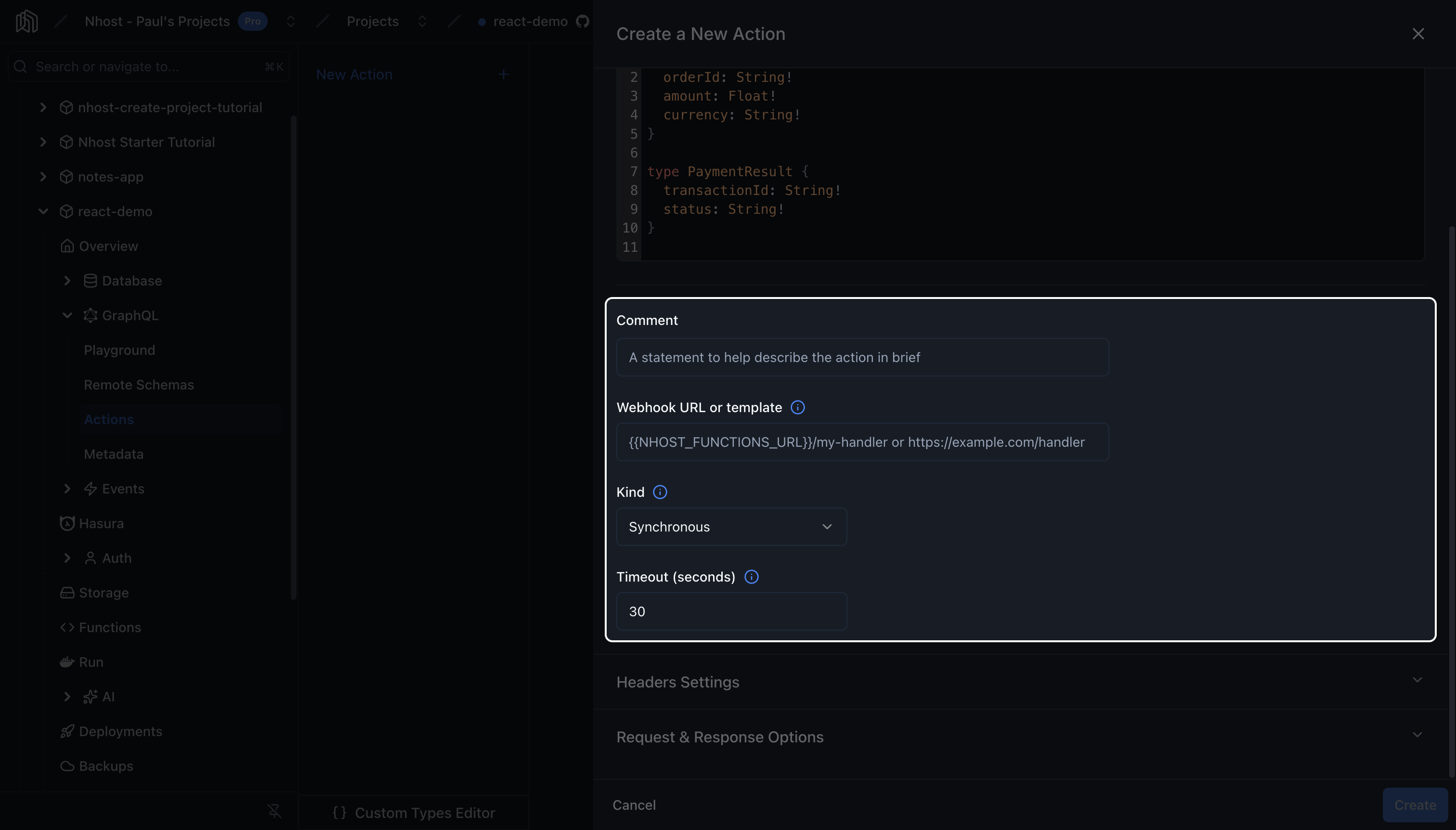 Comment, webhook URL, kind, and timeout fields