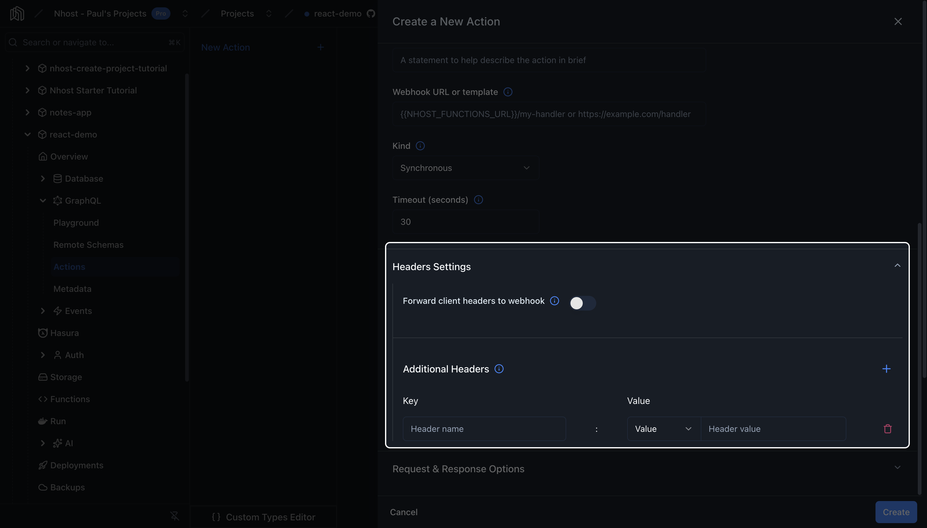 Headers Settings with the forward client headers toggle and additional headers