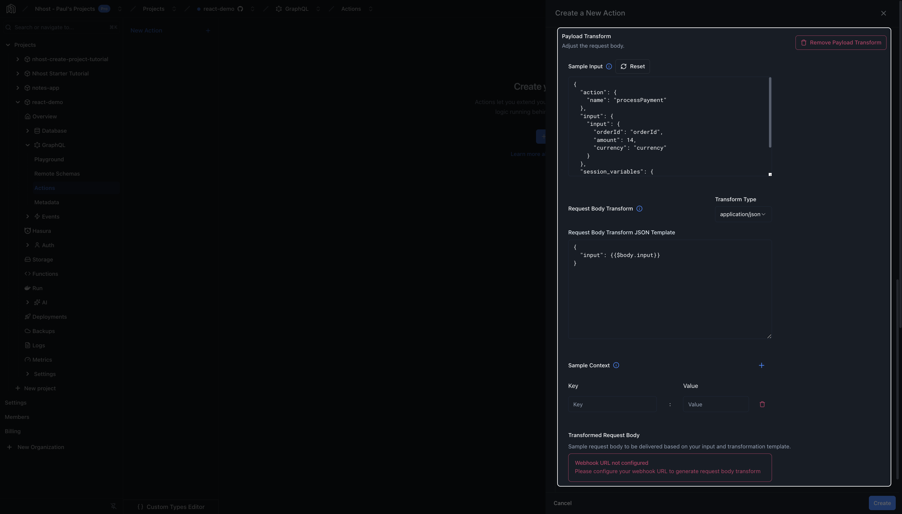 Payload Transform with a sample input and the request body template