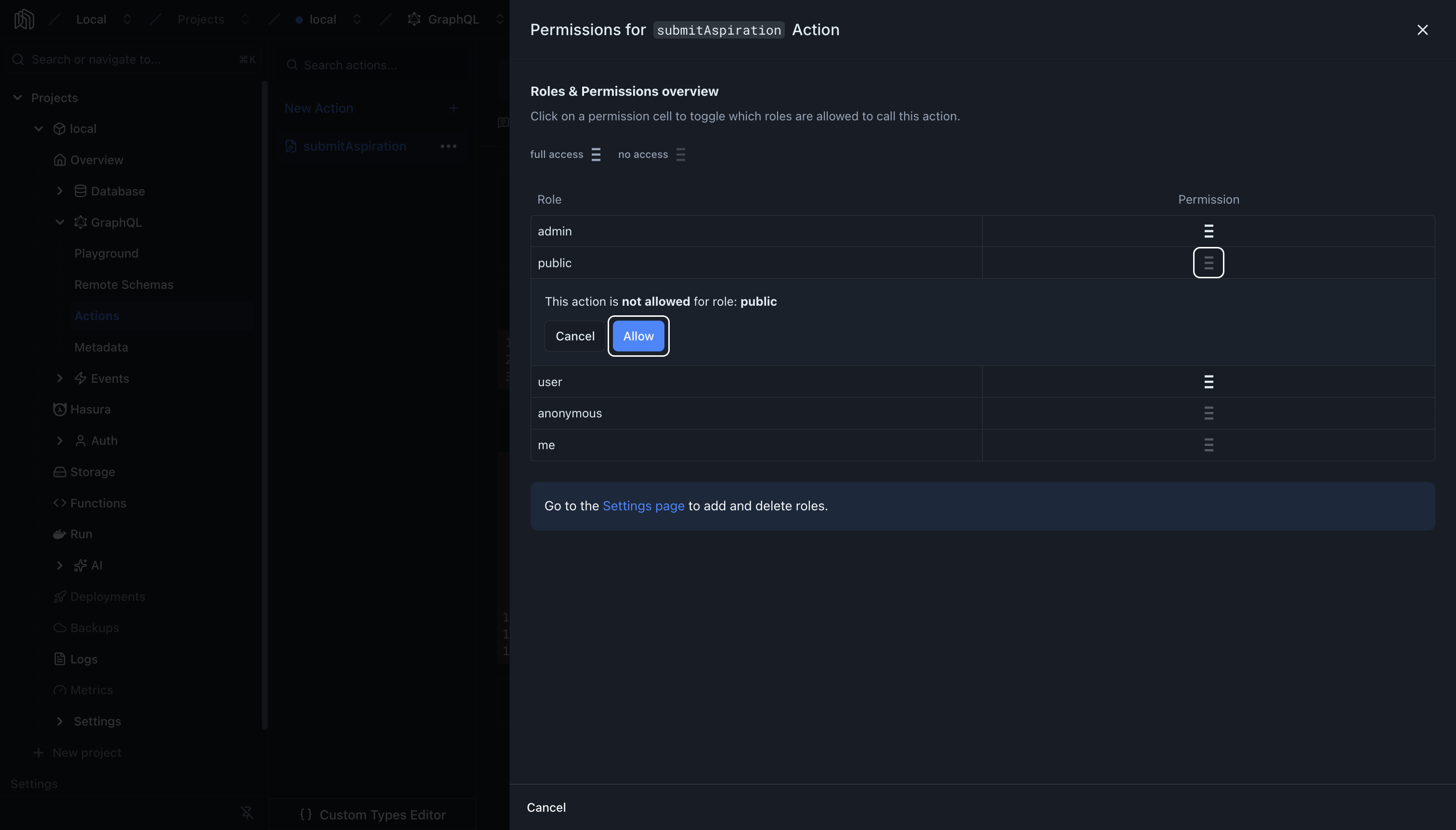 Roles and permissions grid for an Action