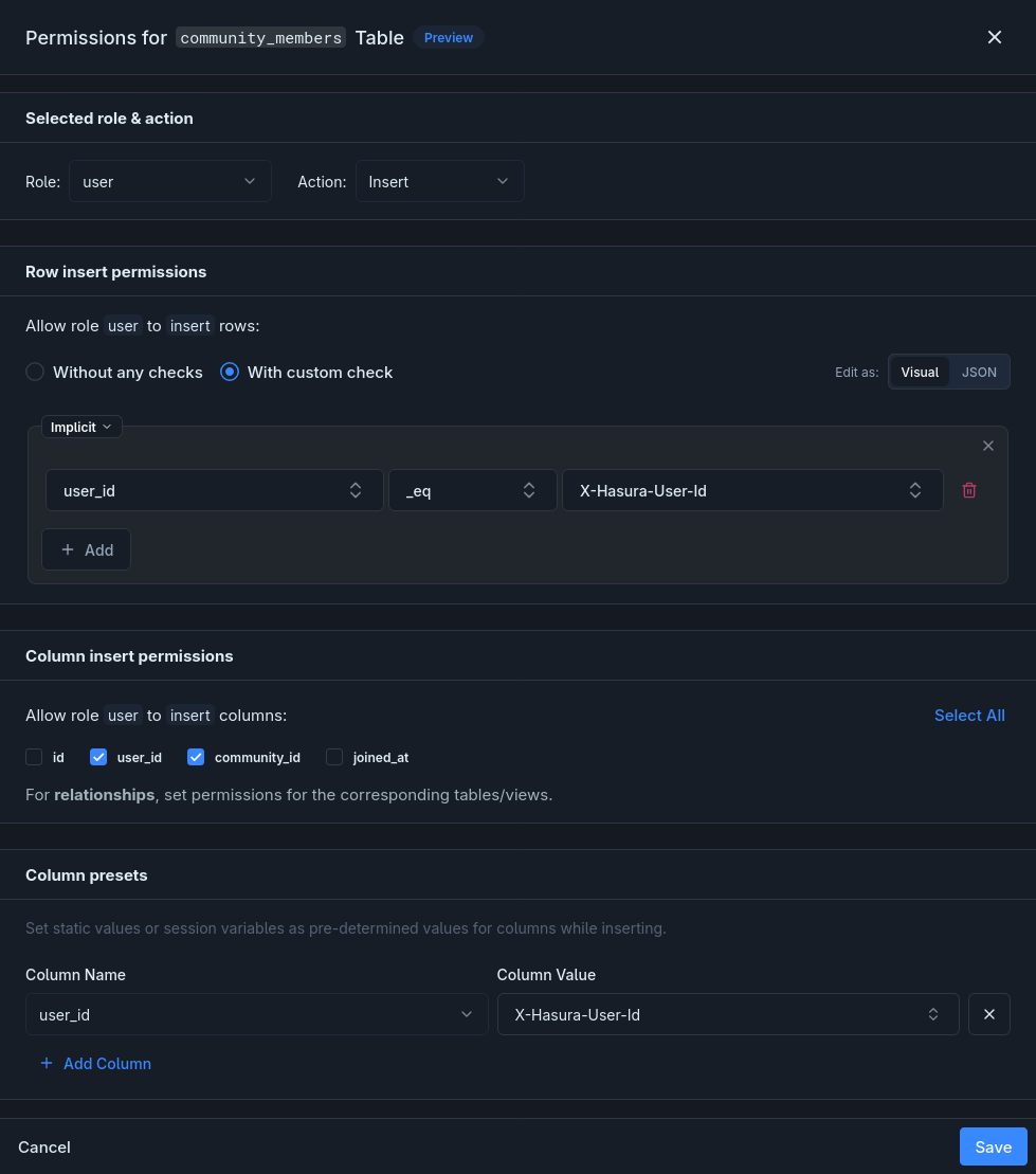 community_members Insert permission