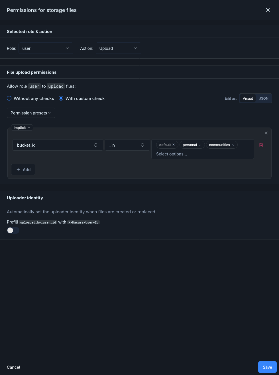 storage.files Upload permission