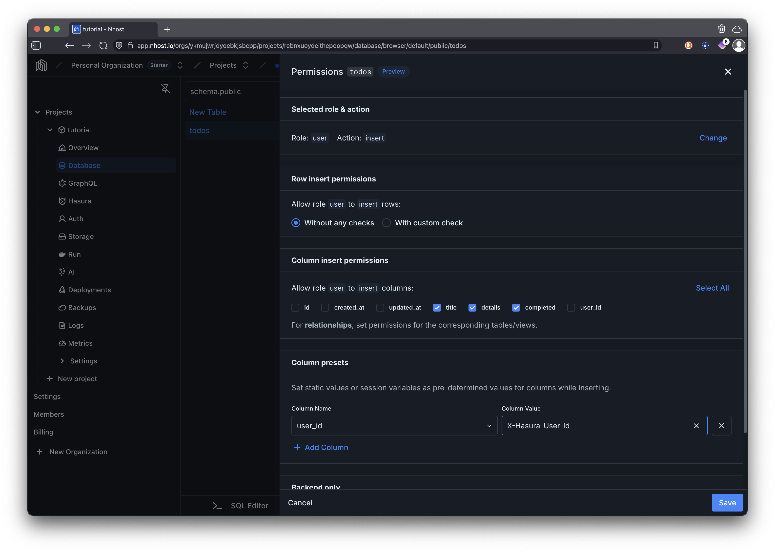 Insert Permissions Configuration